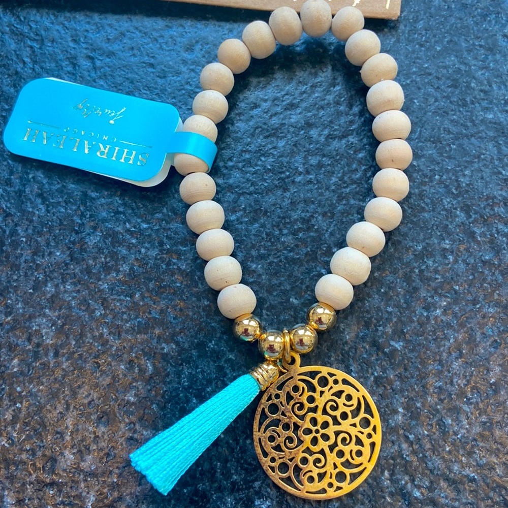 Shiraleah Bali Turquoise Wood Beaded Tassel Bracelet NWT boho Bollywood
